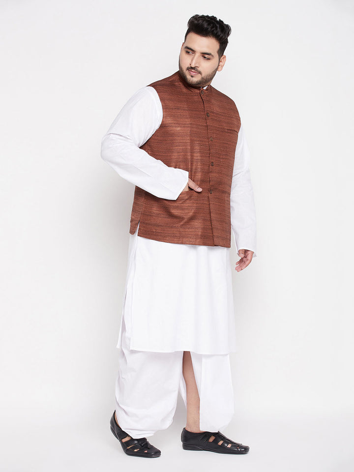 VASTRAMAY Men's Plus Size Coffee Cotton Blend Jacket With White Kurta And Dhoti Set