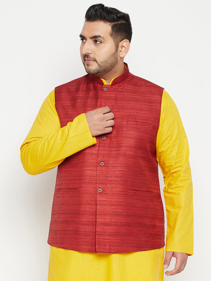 VASTRAMAY Men's Plus Size Maroon Color Matka Silk Textured Nehru Jacket front view with mandarin collar and button closure