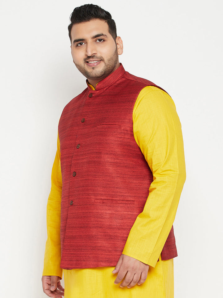 VASTRAMAY Men's Plus Size Maroon Color Matka Silk Textured Nehru Jacket front view with button details and mandarin collar