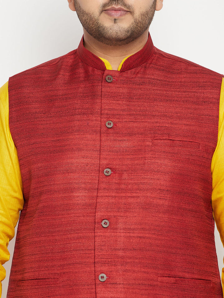  Close-up of the textured matka silk fabric of VASTRAMAY Men's Plus Size Maroon Color Nehru Jacket