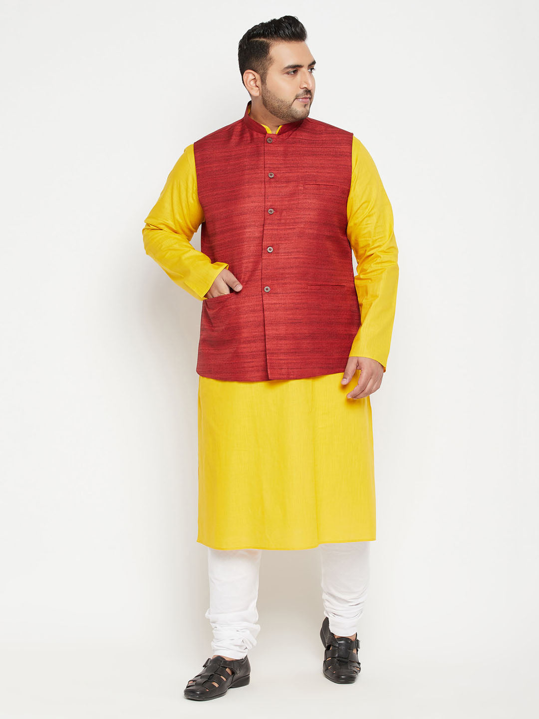  Side view of the VASTRAMAY Men's Plus Size Maroon Color Matka Silk Textured Nehru Jacket showing the tailored fit and sleek silhouette