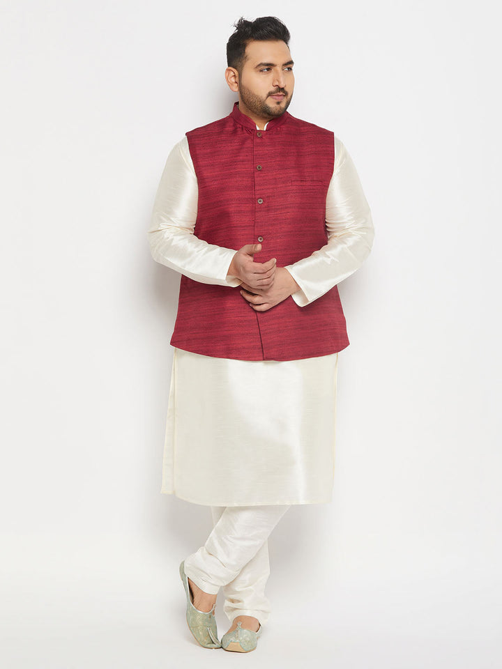 VASTRAMAY Men's Plus Size Maroon Matka Silk Nehru Jacket With Cream Silk Blend Kurta and Pant style Pyjama Set