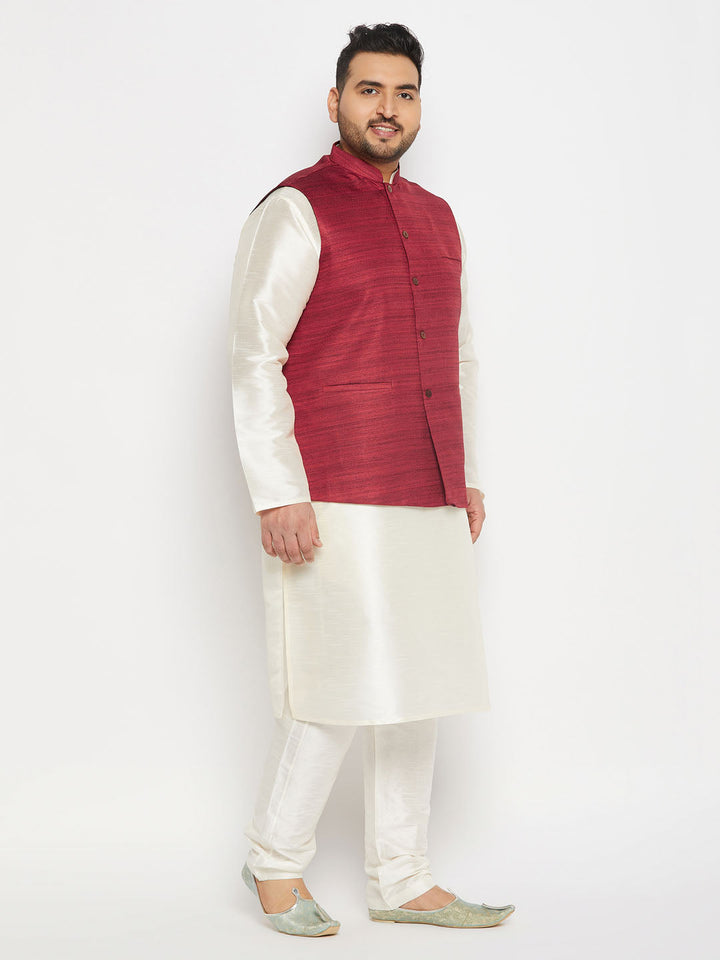 VASTRAMAY Men's Plus Size Maroon Matka Silk Nehru Jacket With Cream Silk Blend Kurta and Pant style Pyjama Set outfit on a male model standing against a white background