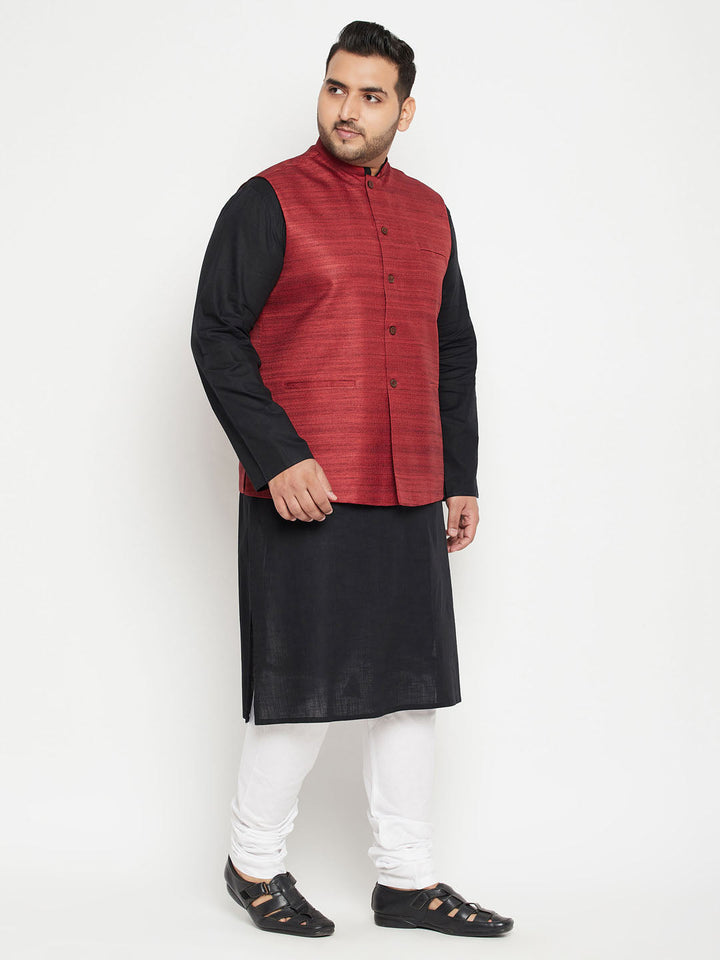 VASTRAMAY Men's Plus Size Black and Maroon Cotton Blend Jacket Kurta Pyjama Set, perfect for traditional and formal occasions