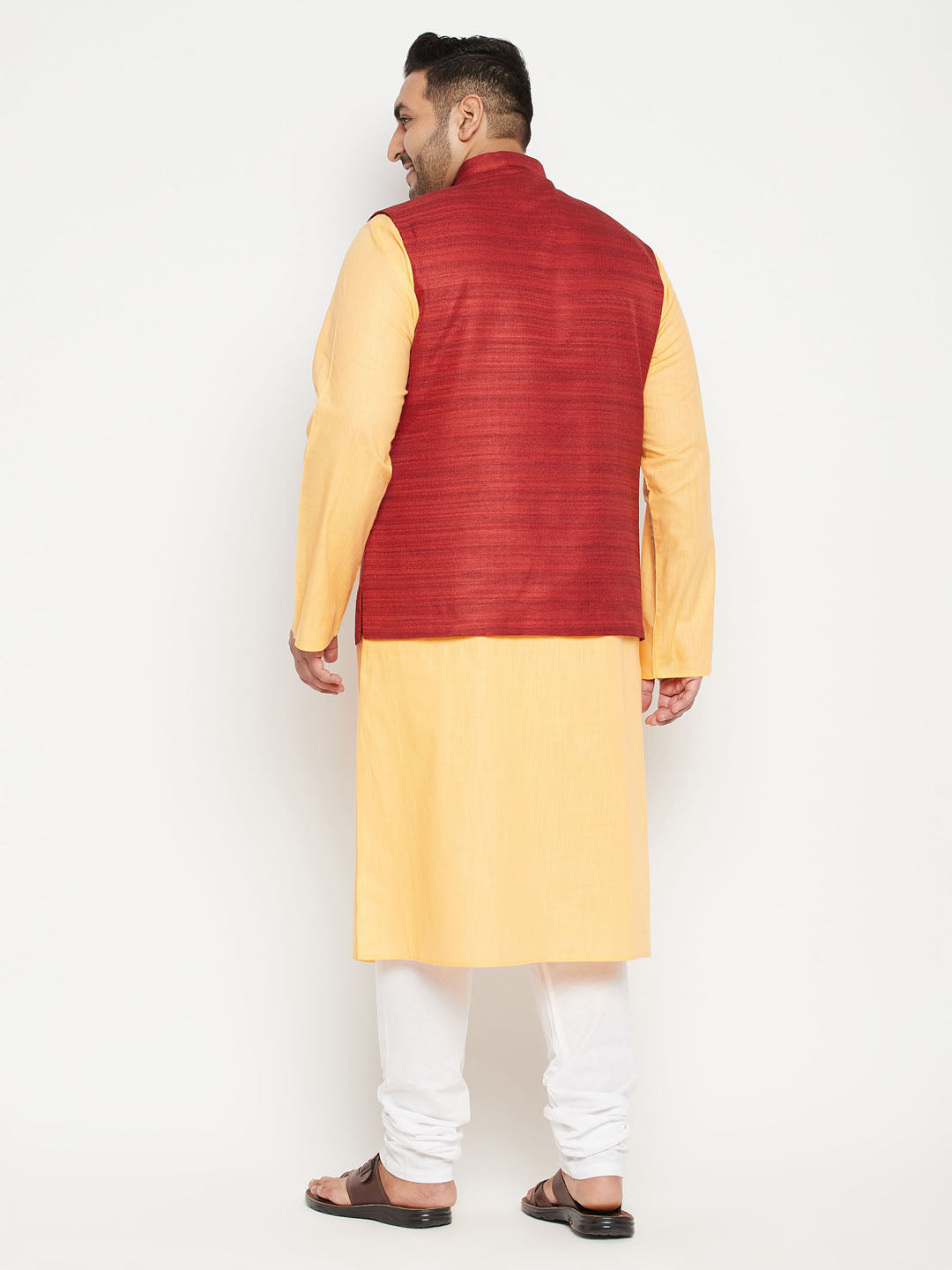 VASTRAMAY Men's Plus Size Fawn and Maroon Cotton Blend Jacket Kurta Pyjama Set, traditional Indian outfit with elegant design and comfortable fabric