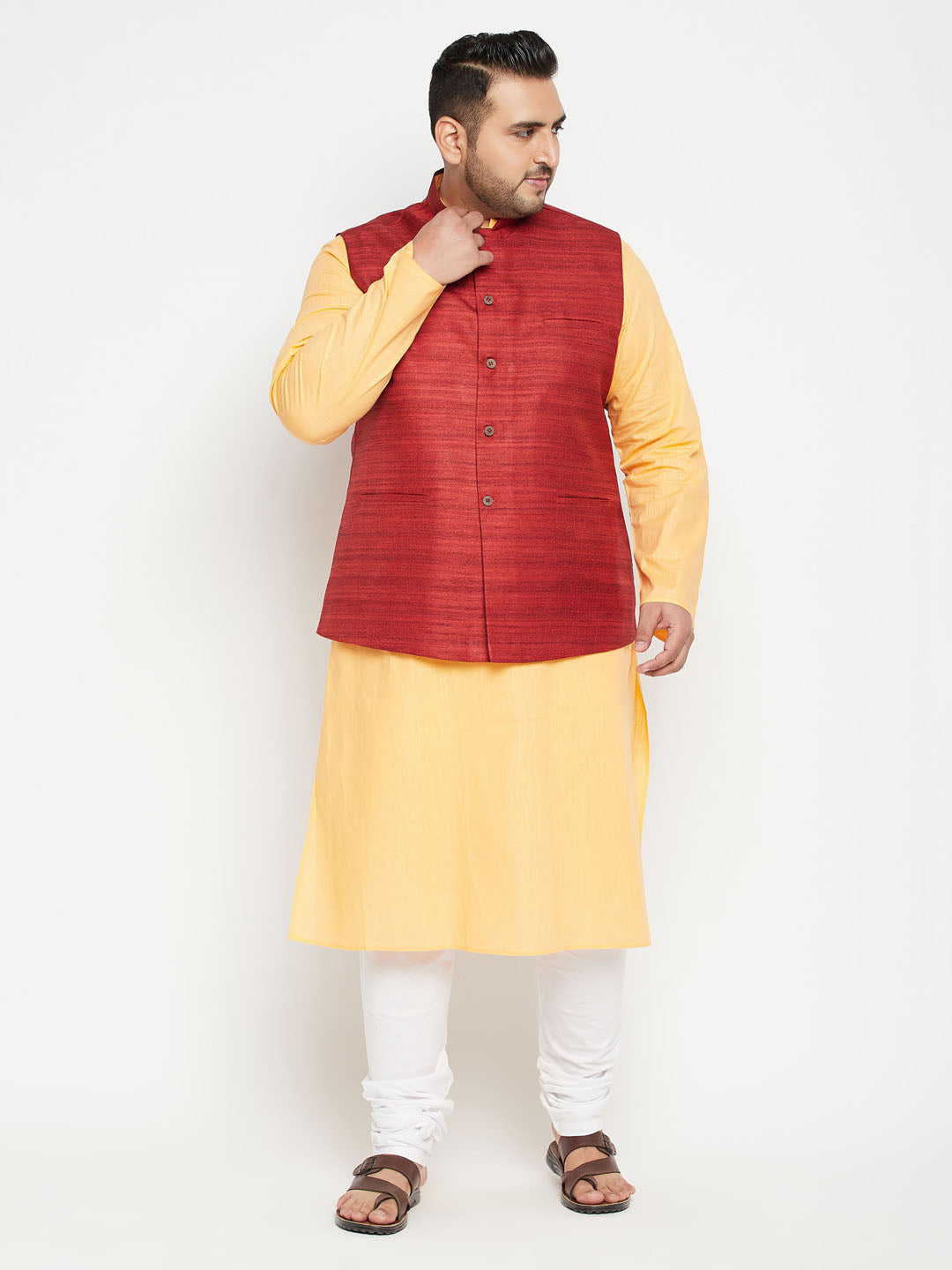 VASTRAMAY Men's Plus Size Fawn and Maroon Cotton Blend Jacket Kurta Pyjama Set featuring a stylish and comfortable design perfect for any occasion