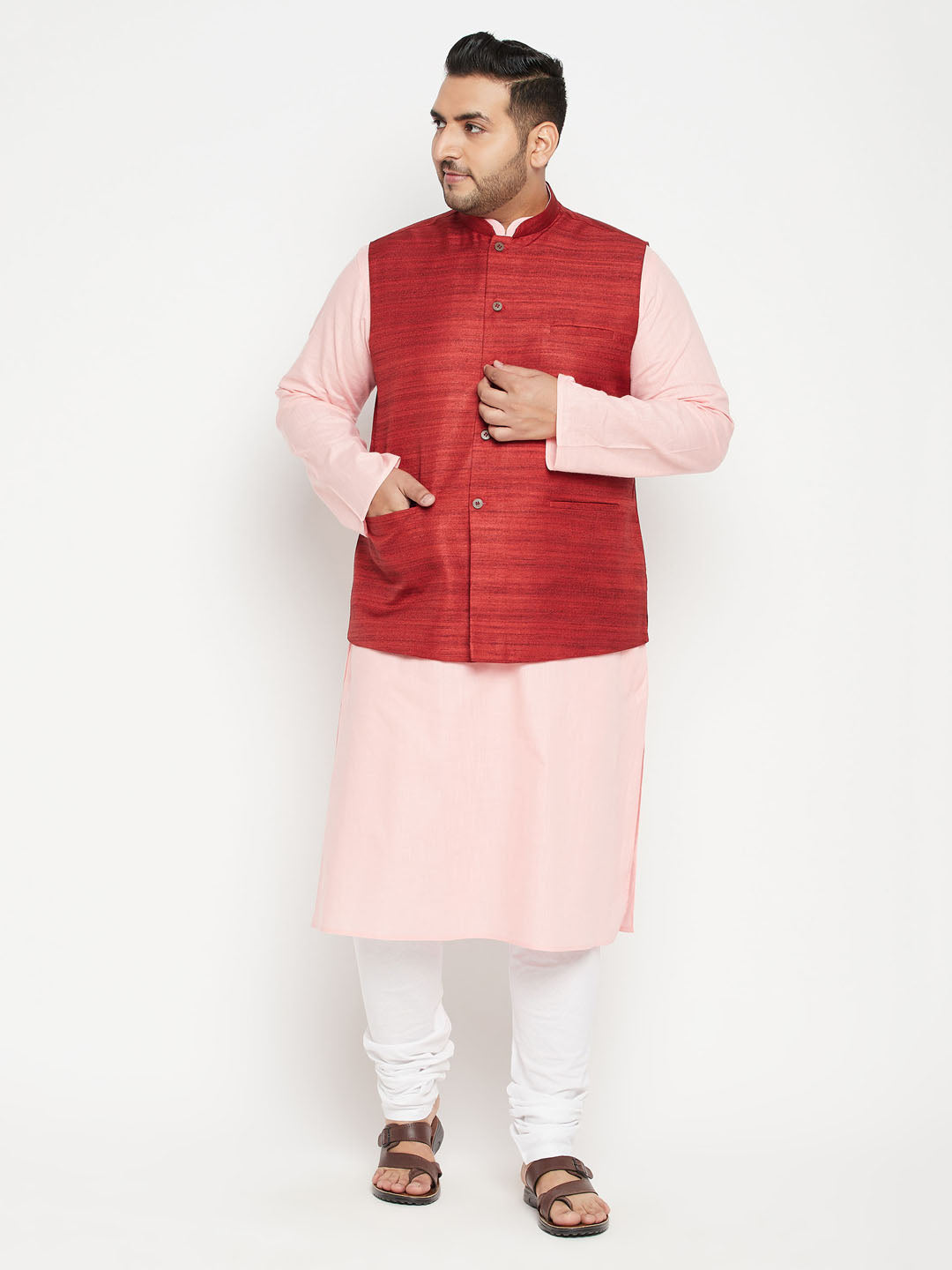 Men's Plus Size Pink And Maroon Cotton Blend Jacket Kurta Pyjama Set