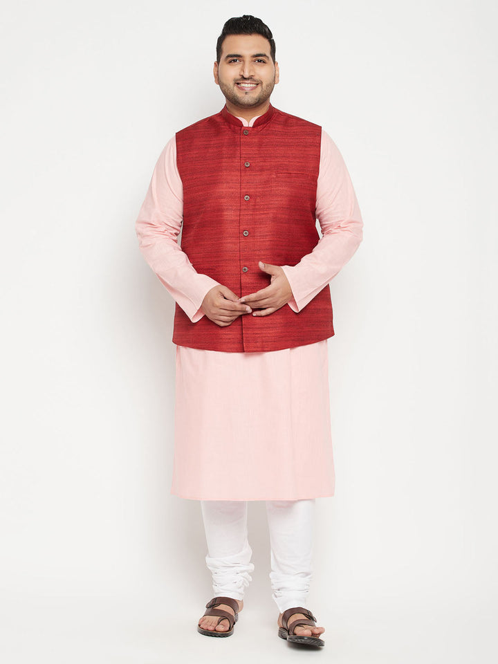  VASTRAMAY Pink and Maroon Cotton Blend Jacket Kurta Pyjama Set for Men's Traditional Wear in Plus Size