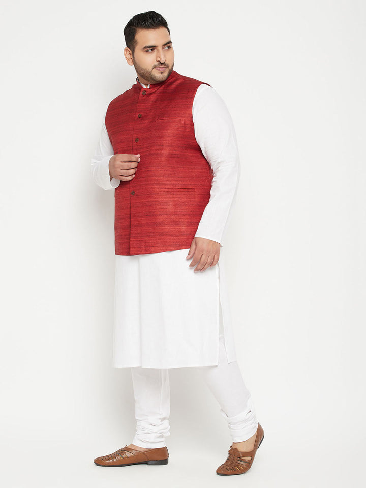 VASTRAMAY Men's Plus Size White and Maroon Cotton Blend Jacket Kurta Pyjama Set, traditional Indian outfit perfect for special occasions and festivals