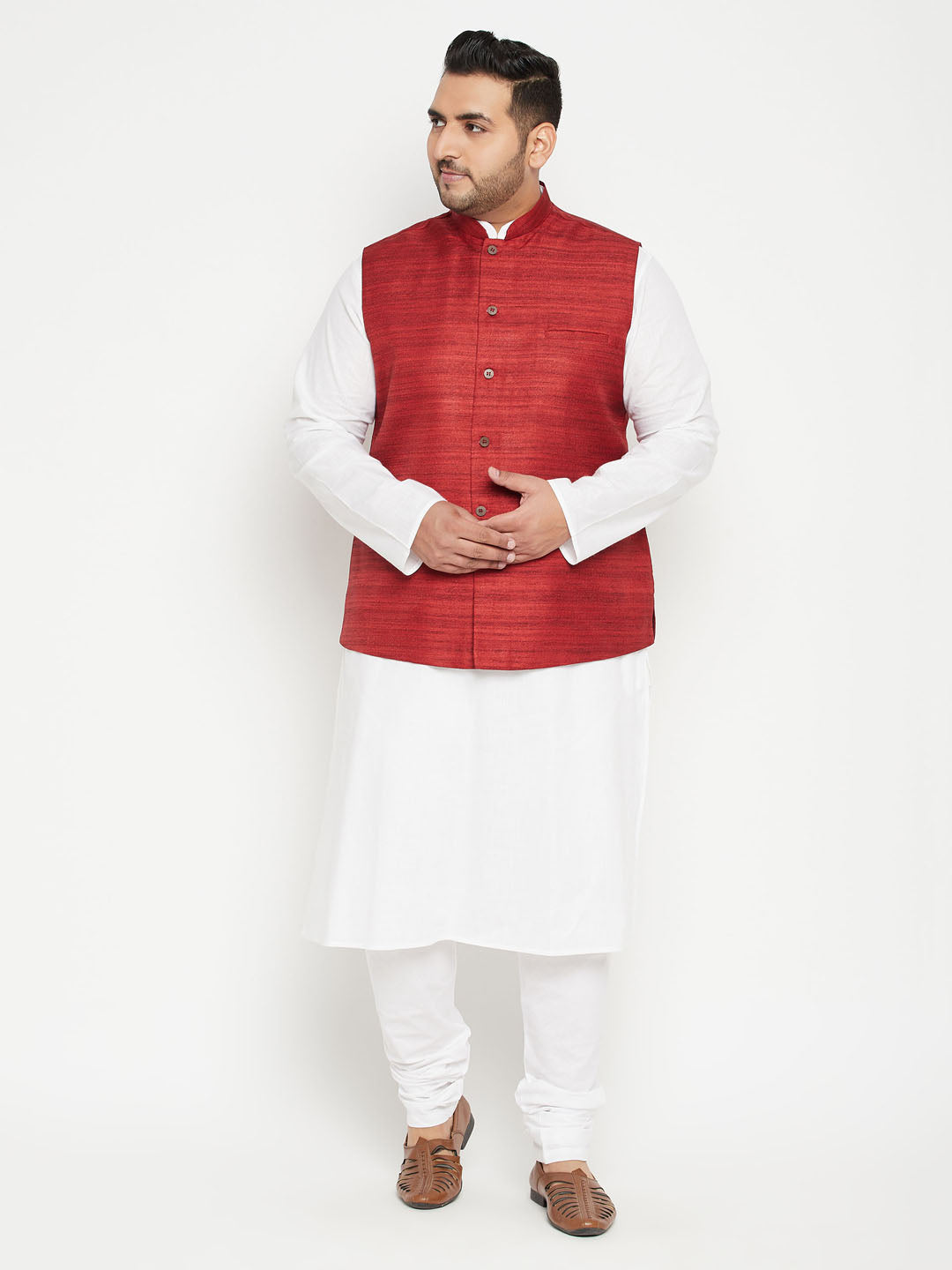 VASTRAMAY Men's Plus Size White and Maroon Cotton Blend Jacket Kurta Pyjama Set on a male model, perfect for formal occasions and special events