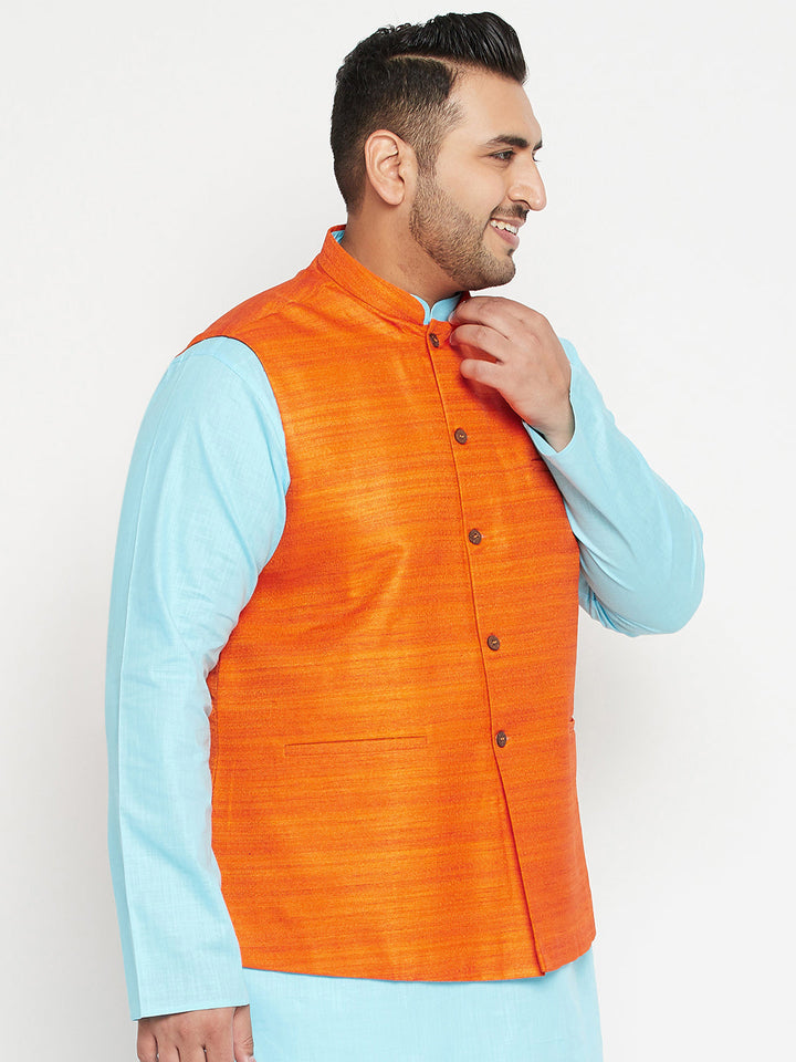 VASTRAMAY Men's Plus Size Orange Matka Silk Textured Nehru Jacket