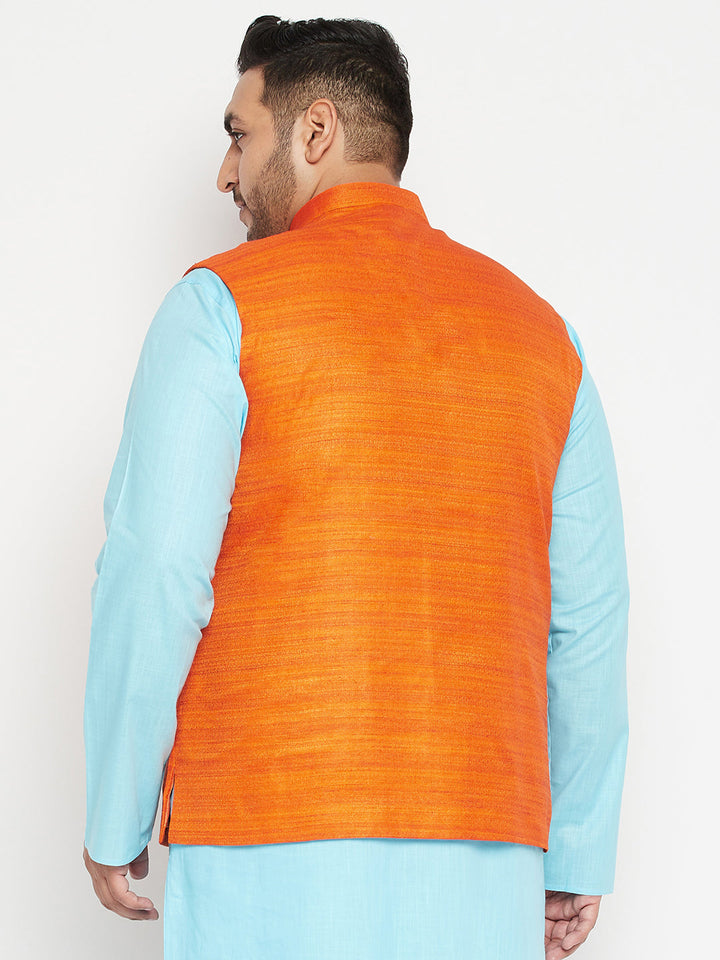 VASTRAMAY Men's Plus Size Orange Matka Silk Textured Nehru Jacket