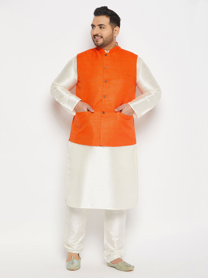 VASTRAMAY Men's Plus Size Orange Matka Silk Nehru Jacket With Cream Silk Blend Kurta and Pant style Pyjama Set