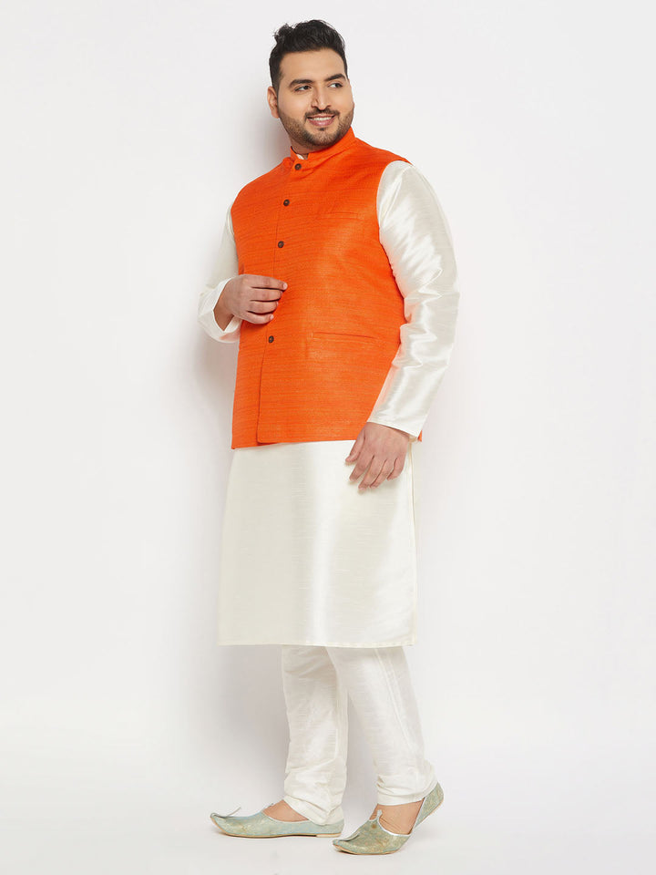 Men's plus size orange matka silk Nehru jacket with cream silk blend kurta and pant style pyjama set for formal occasions 