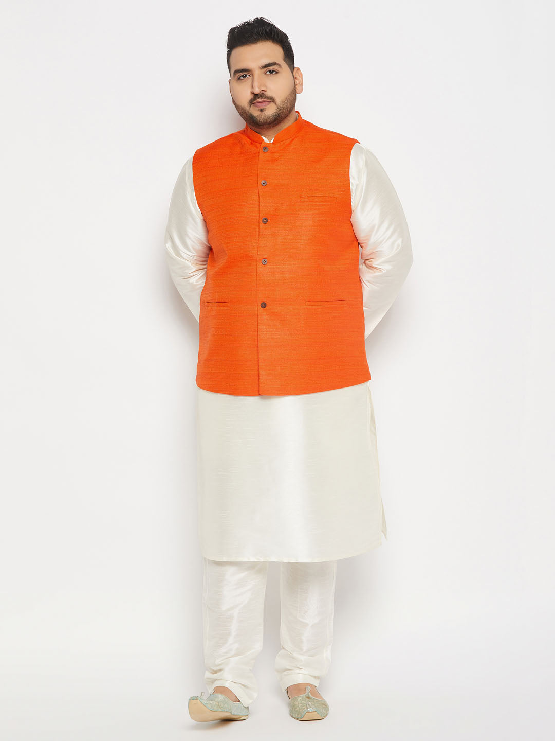 VASTRAMAY Men's Plus Size Orange Matka Silk Nehru Jacket With Cream Silk Blend Kurta and Pant style Pyjama Set