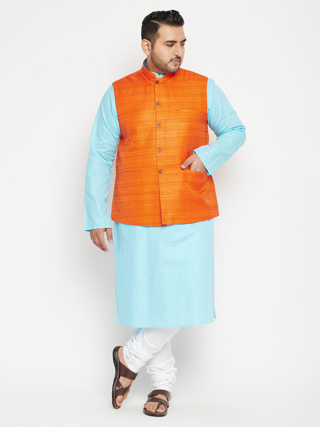 Aqua blue kurta and white pyjama with Nehru jacket for plus size men