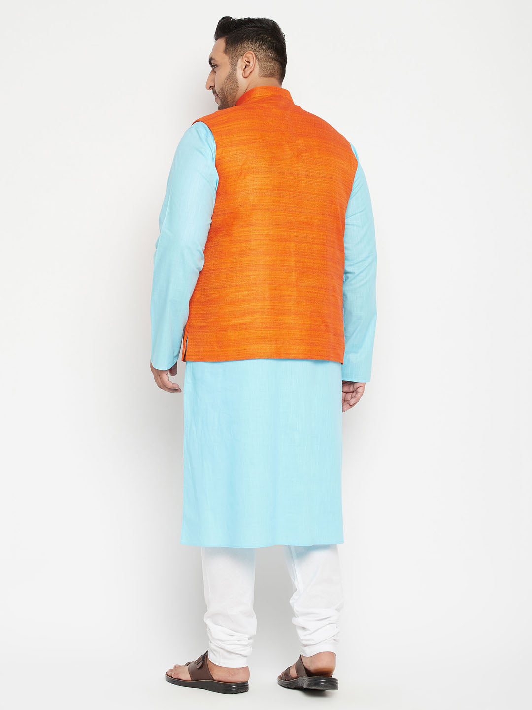 VASTRAMAY Plus Size Men's Aqua Blue Kurta And White Pyjama With Nehru Jacket Set