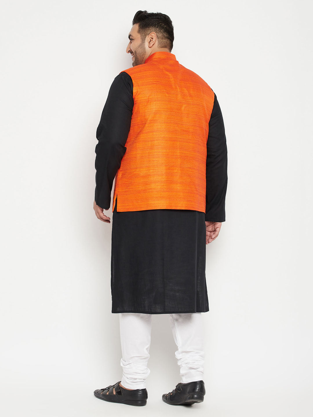 VASTRAMAY PLUS Men's Black And White Pyjama Set With Orange Nehru Jacket Set