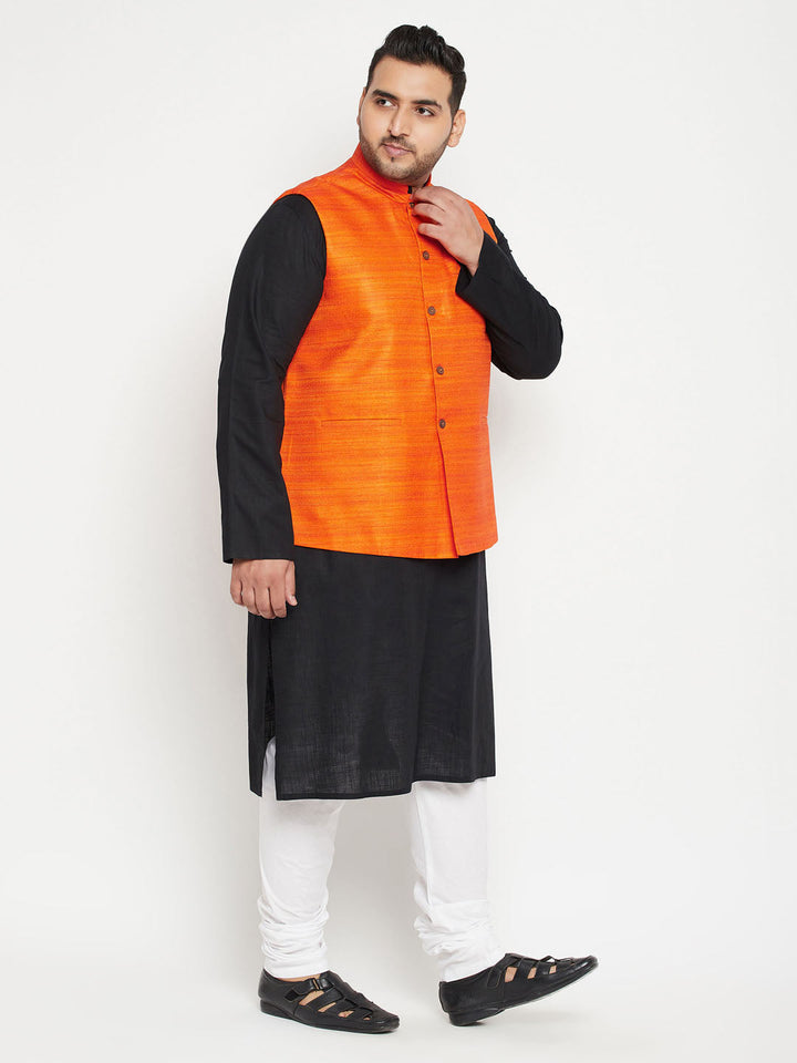 VASTRAMAY PLUS Men's Black And White Pyjama Set With Orange Nehru Jacket Set