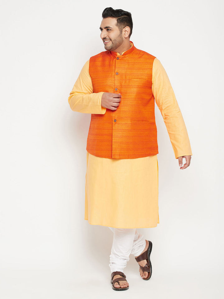 VASTRAMAY Men's Plus Size Fawn and Orange Cotton Blend Jacket Kurta Pyjama Set - Traditional Indian ethnic wear for men in large sizes