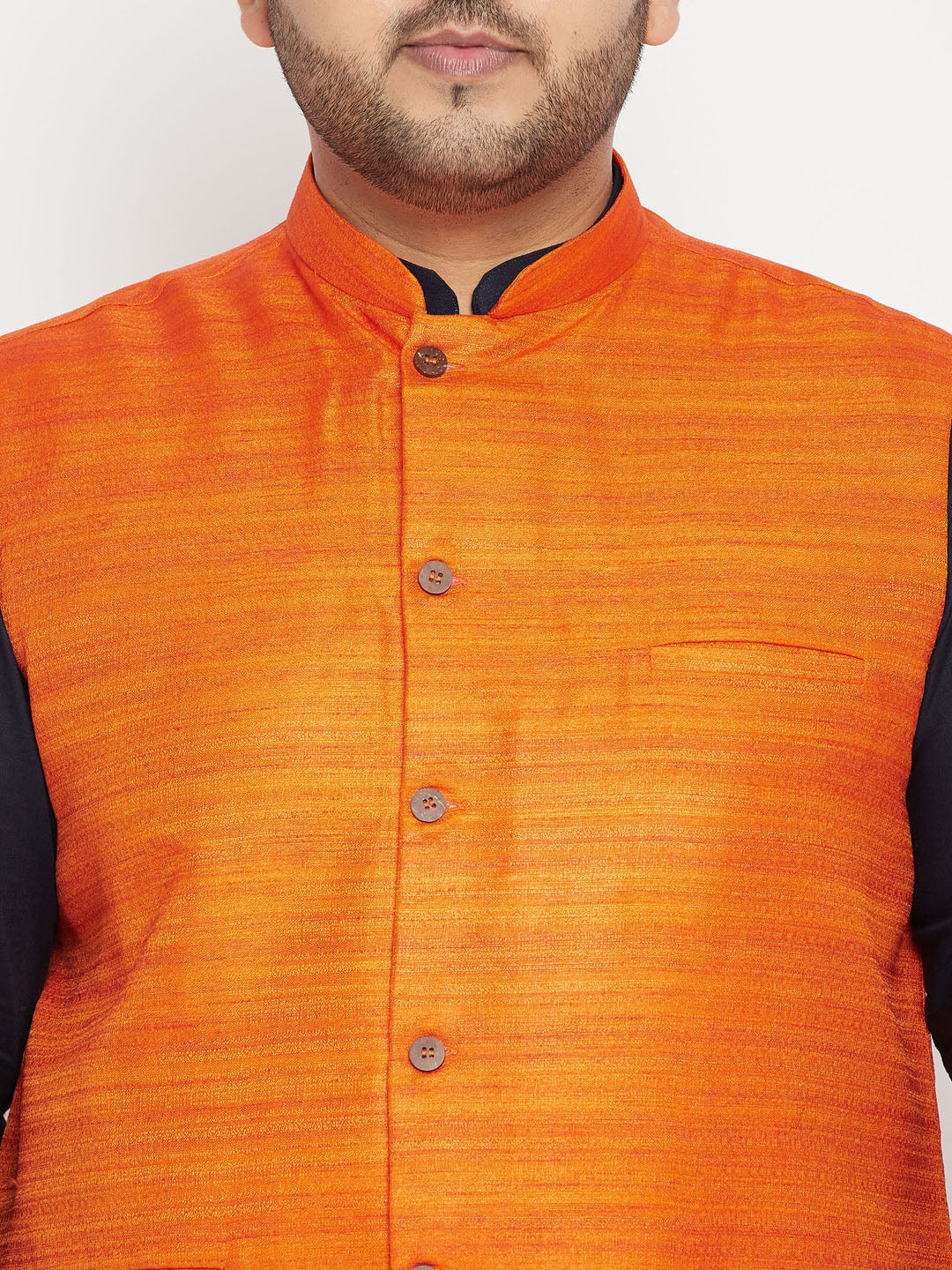 Men's plus size navy blue and orange cotton blend jacket kurta pyjama set for formal occasions