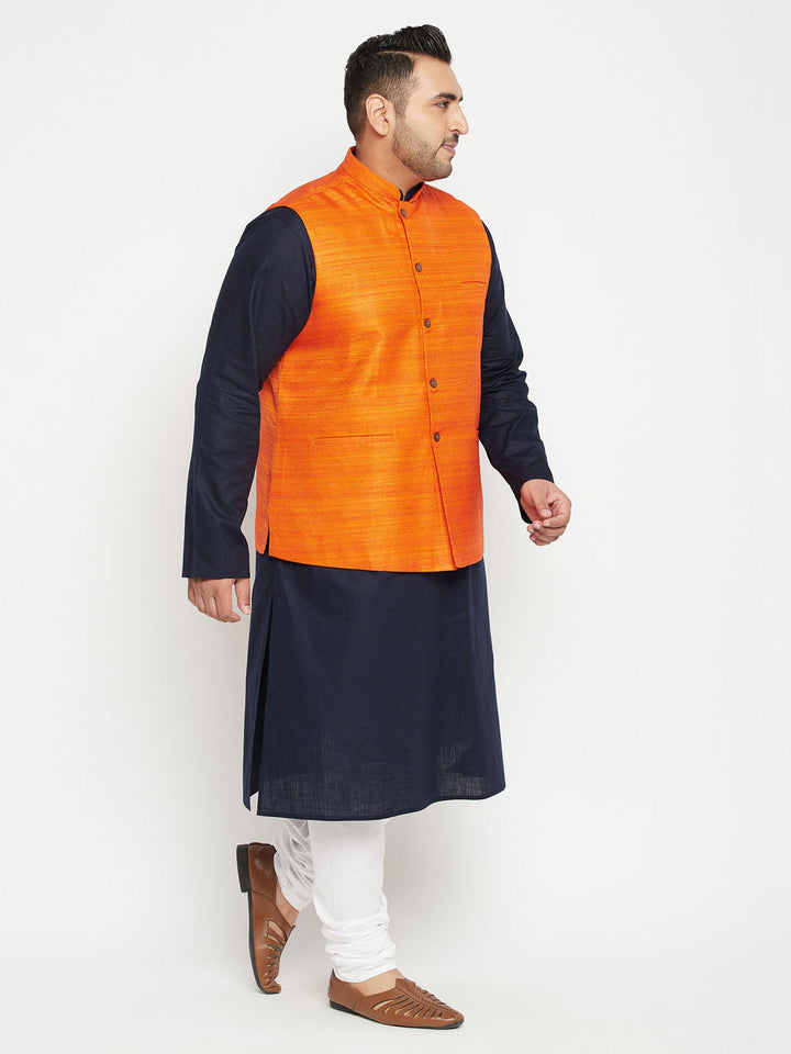 VASTRAMAY Men's Plus Size Navy Blue and Orange Cotton Blend Jacket Kurta Pyjama Set with intricate detailing and comfortable design for a stylish and traditional look