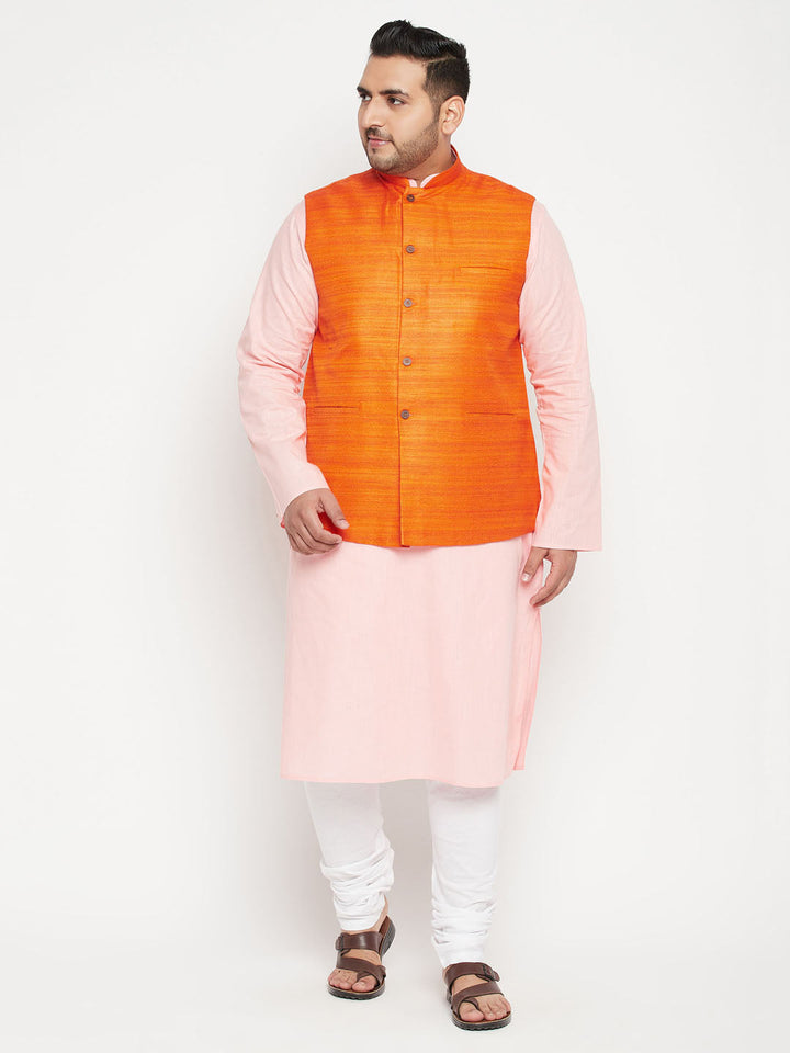 Elegant and comfortable men's kurta and pyjama set with a trendy Nehru jacket in bright orange