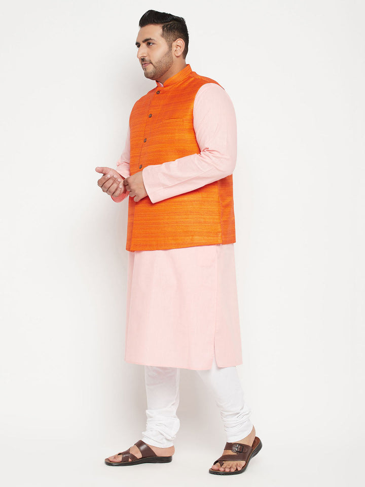 VASTRAMAY PLUS Men's Pink Kurta And White Pyjama With Orange Nehru Jacket Set, traditional Indian ethnic wear for men in vibrant colors