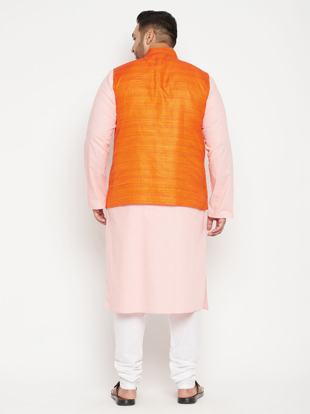 VASTRAMAY PLUS Men's Pink Kurta And White Pyjama With Orange Nehru Jacket Set - Traditional Indian attire for men in elegant pink, white, and orange colors