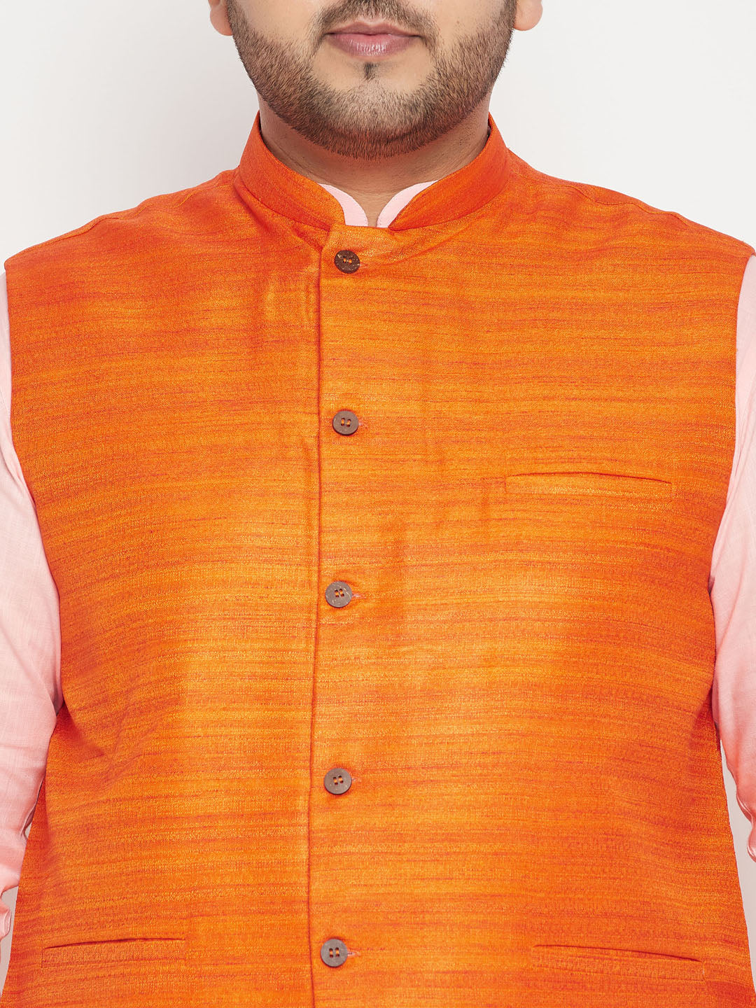 VASTRAMAY PLUS Men's Pink Kurta And White Pyjama With Orange Nehru Jacket Set, traditional Indian ethnic wear for men, stylish and comfortable outfit for festive occasions and special events