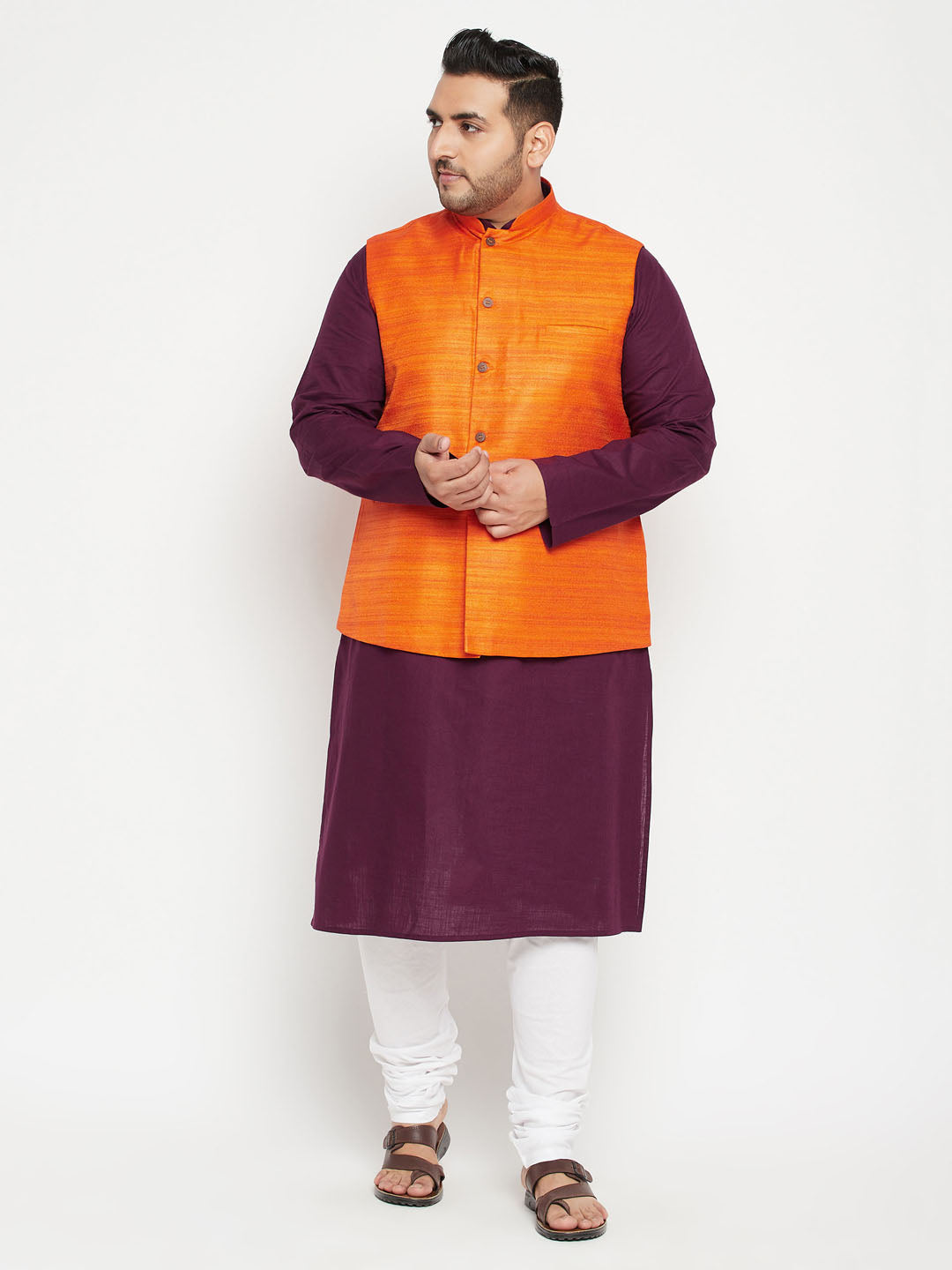 Men's Plus Size Purple And Orange Cotton Blend Jacket Kurta Pyjama Set