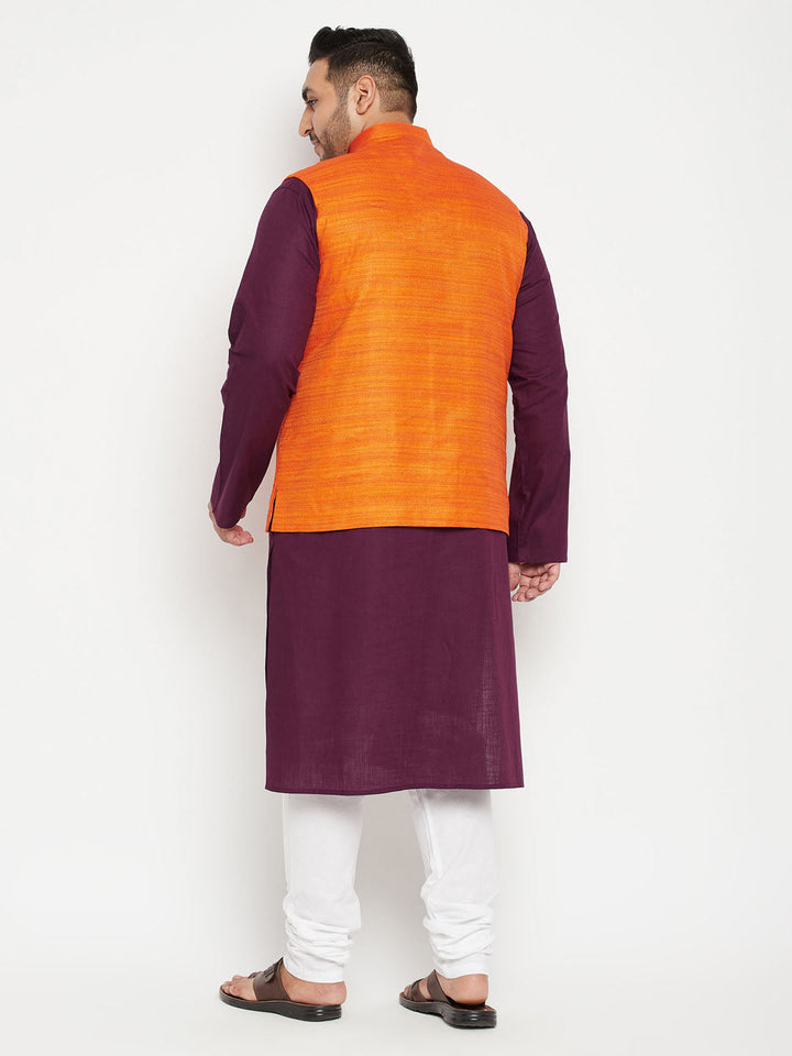 VASTRAMAY Men's Plus Size Purple and Orange Cotton Blend Jacket Kurta Pyjama Set - Traditional Indian ethnic wear for men