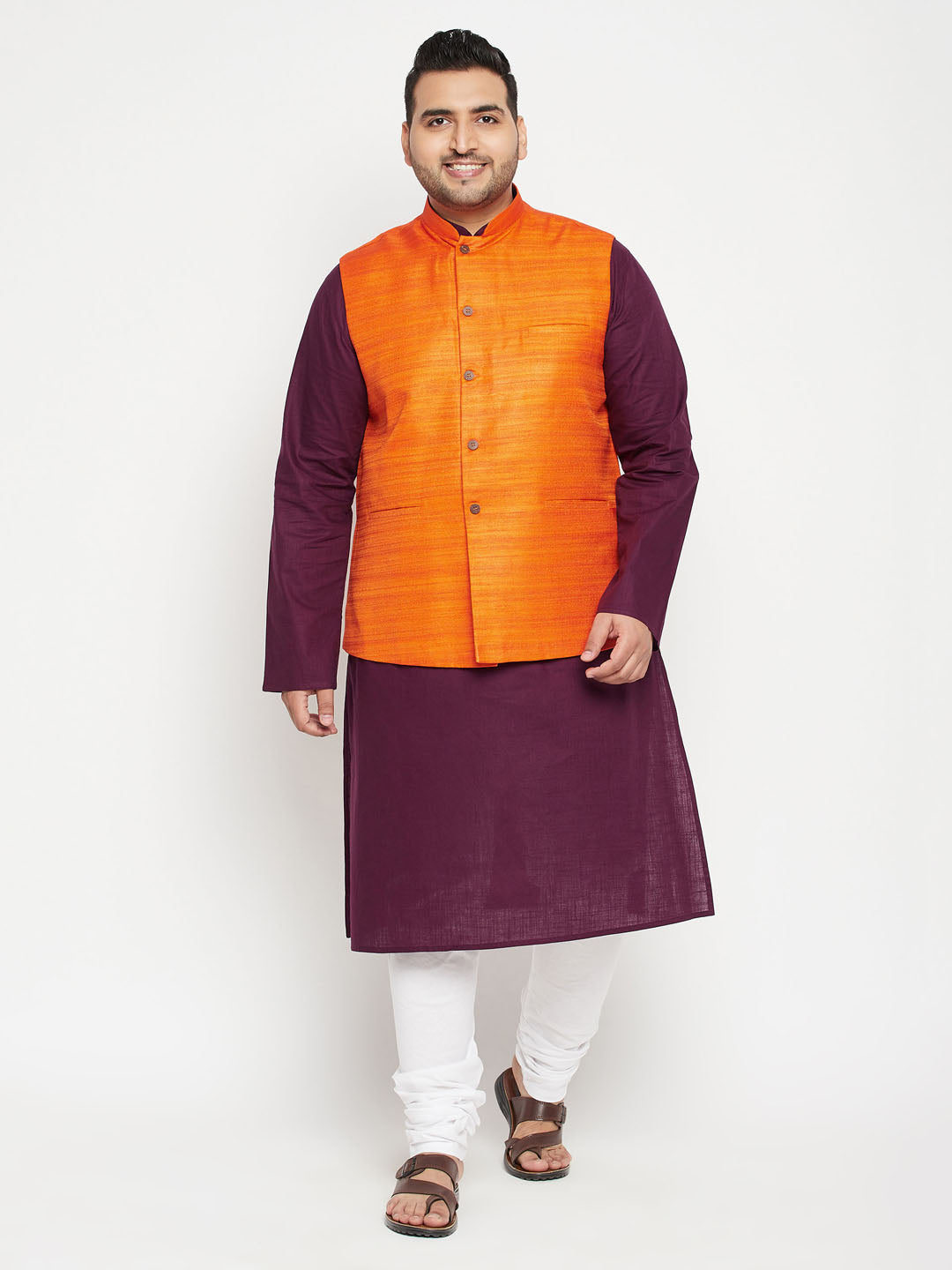 VASTRAMAY Men's Plus Size Purple and Orange Cotton Blend Jacket Kurta Pyjama Set, traditional Indian attire for special occasions and cultural celebrations