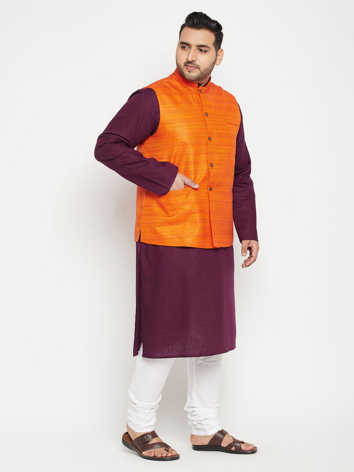 VASTRAMAY Men's Plus Size Purple and Orange Cotton Blend Jacket Kurta Pyjama Set, traditional Indian attire, comfortable and stylish ethnic wear for men