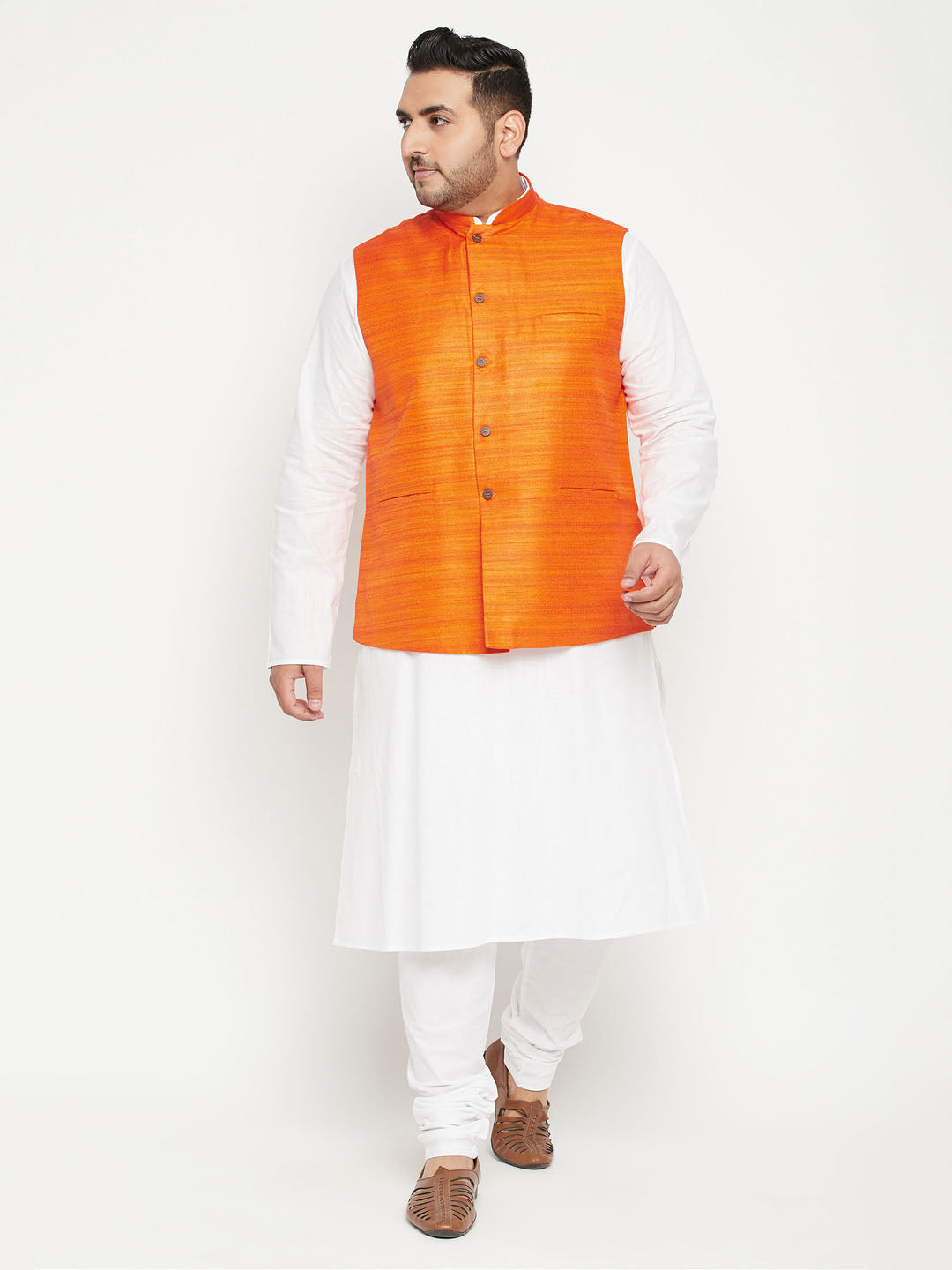 VASTRAMAY Men's Plus Size White and Orange Cotton Blend Jacket Kurta Pyjama Set - Traditional Indian ethnic wear for men in larger sizes