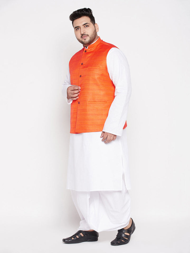 VASTRAMAY Men's Plus Size Orange Cotton Blend Jacket With White Kurta And Dhoti Set, perfect for formal occasions and traditional events