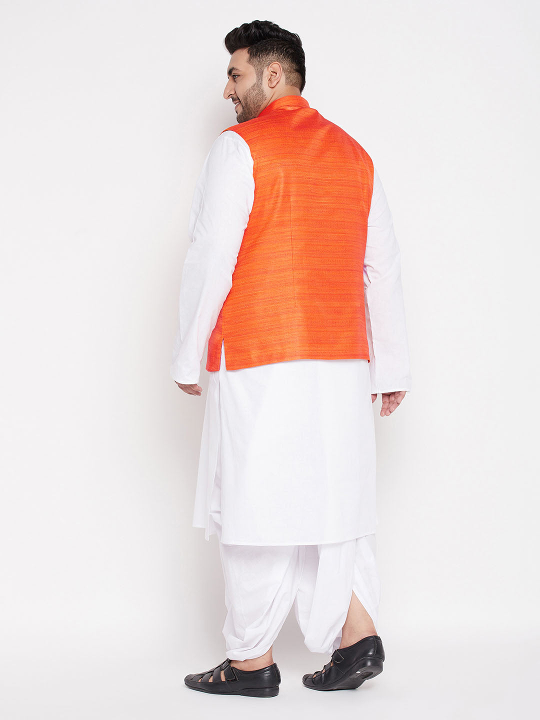 VASTRAMAY Men's Plus Size Orange Cotton Blend Jacket With White Kurta And Dhoti Set, perfect traditional outfit for special occasions