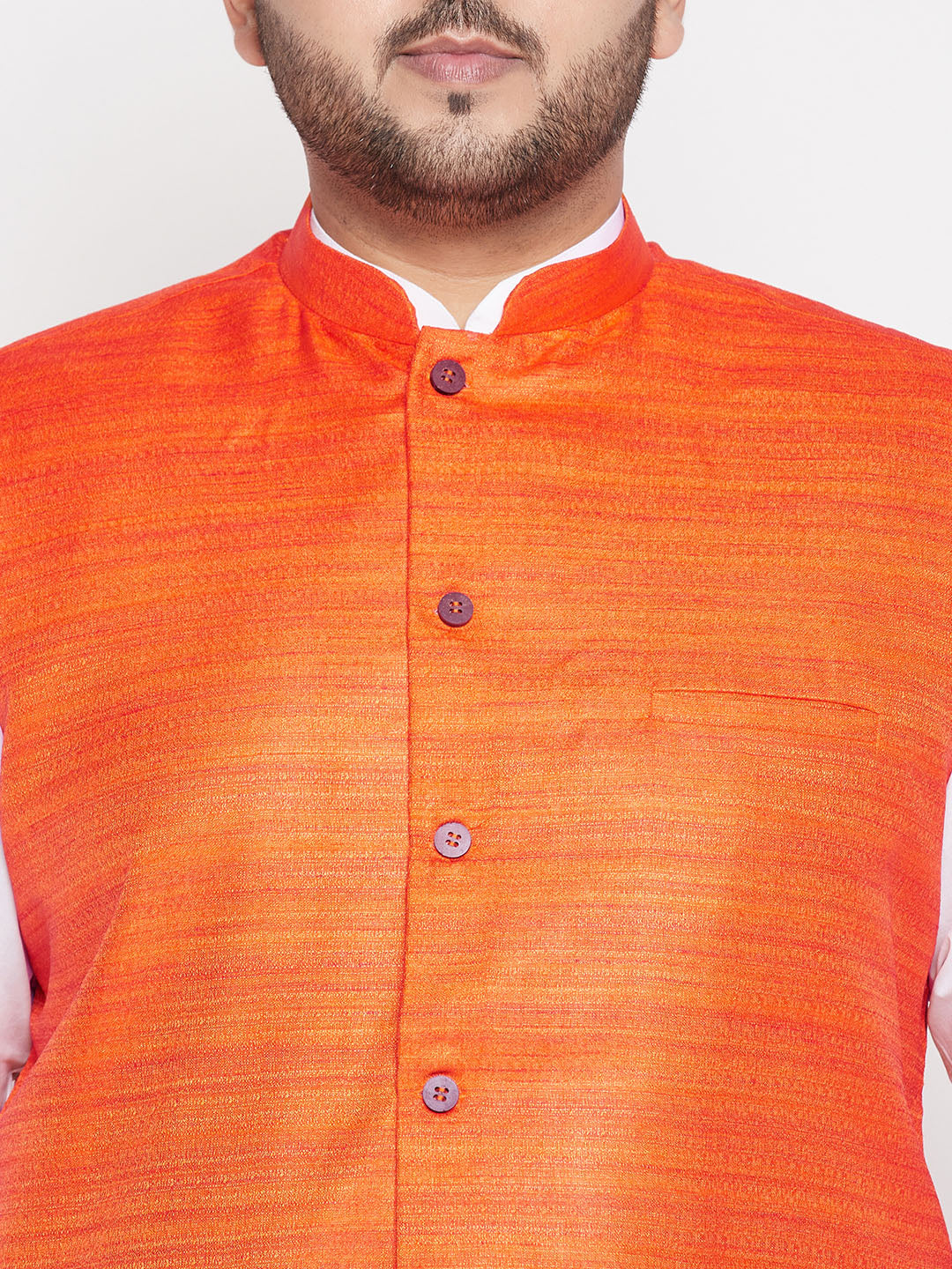 VASTRAMAY Men's Plus Size Orange Cotton Blend Jacket with White Kurta and Dhoti Set, traditional Indian ethnic wear for special occasions and festivals