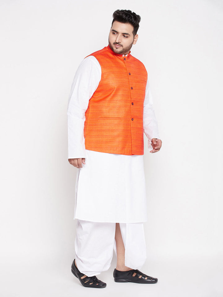 VASTRAMAY Men's Plus Size Orange Cotton Blend Jacket With White Kurta And Dhoti Set for a stylish and comfortable Indian ethnic wear look