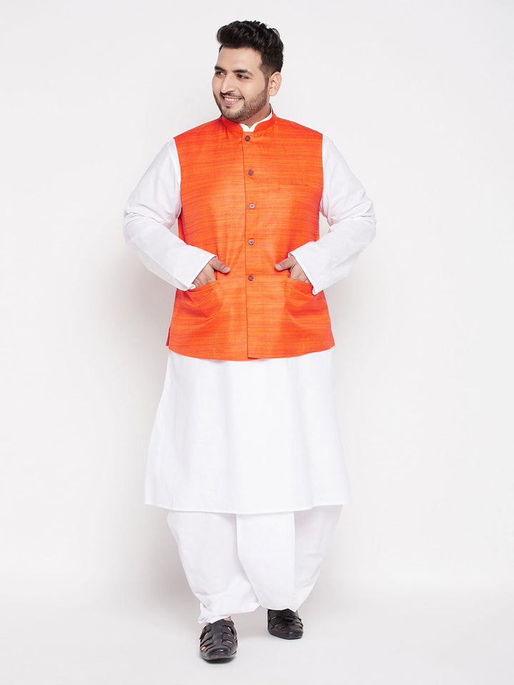 VASTRAMAY Men's Plus Size Orange Cotton Blend Jacket With White Kurta And Dhoti Set - Traditional Indian Ethnic Wear for Men