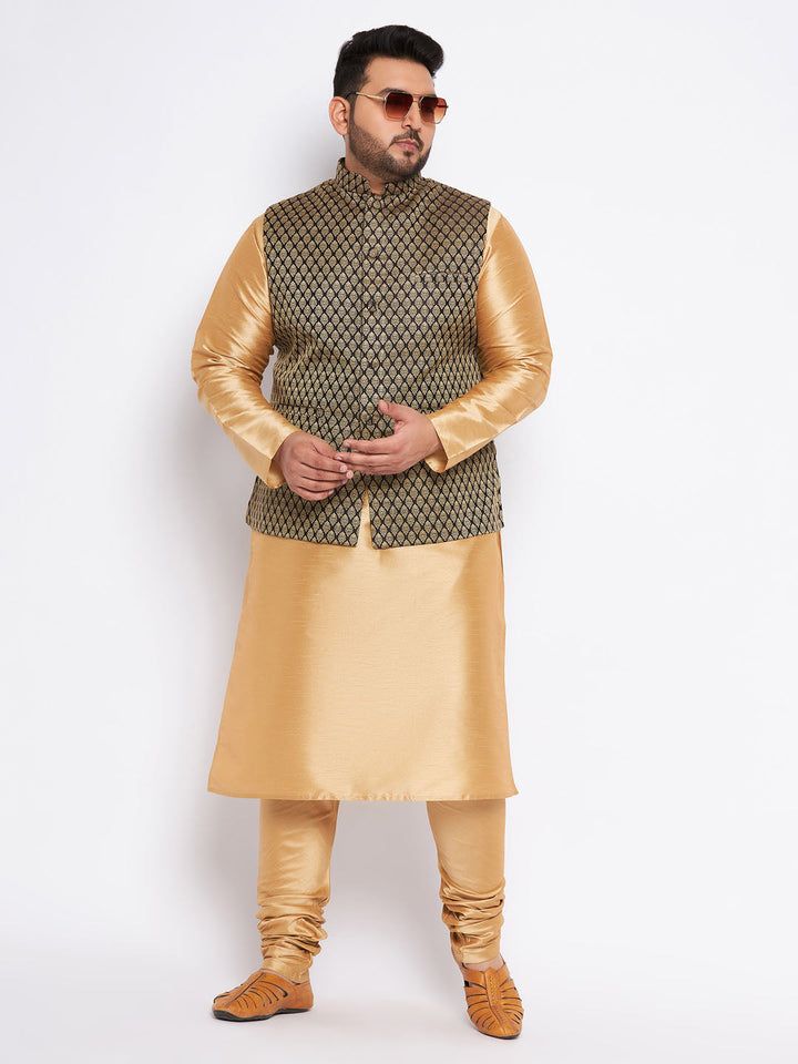 VASTRAMAY Men's Plus Size Black Ethnic Jacket With Rose Gold Silk Blend Kurta Pyjama Set