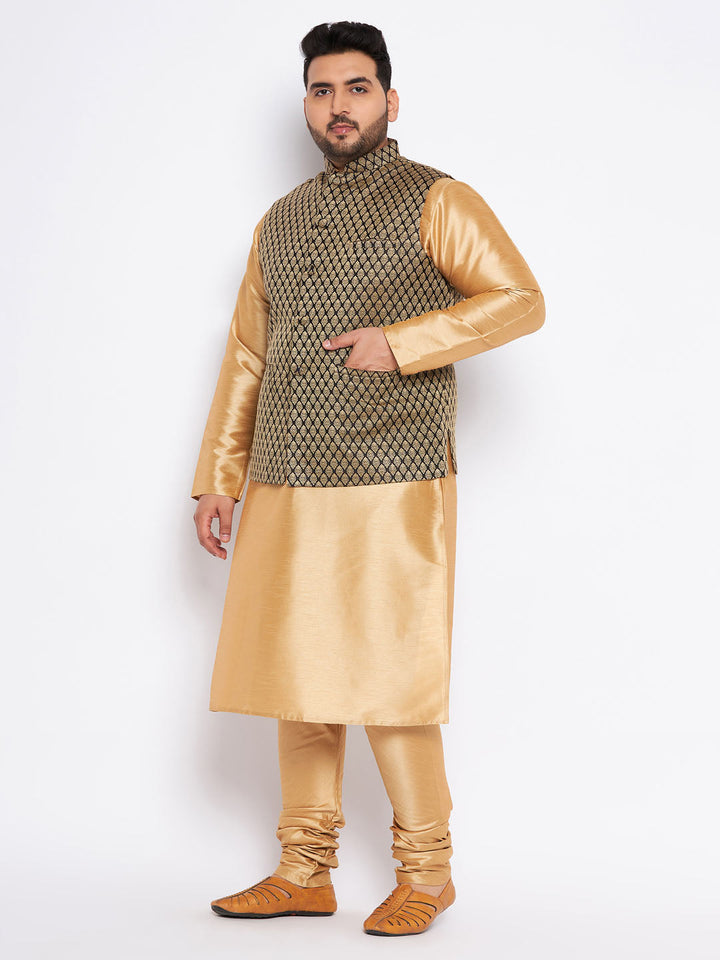 VASTRAMAY Men's Plus Size Black Ethnic Jacket With Rose Gold Silk Blend Kurta Pyjama Set