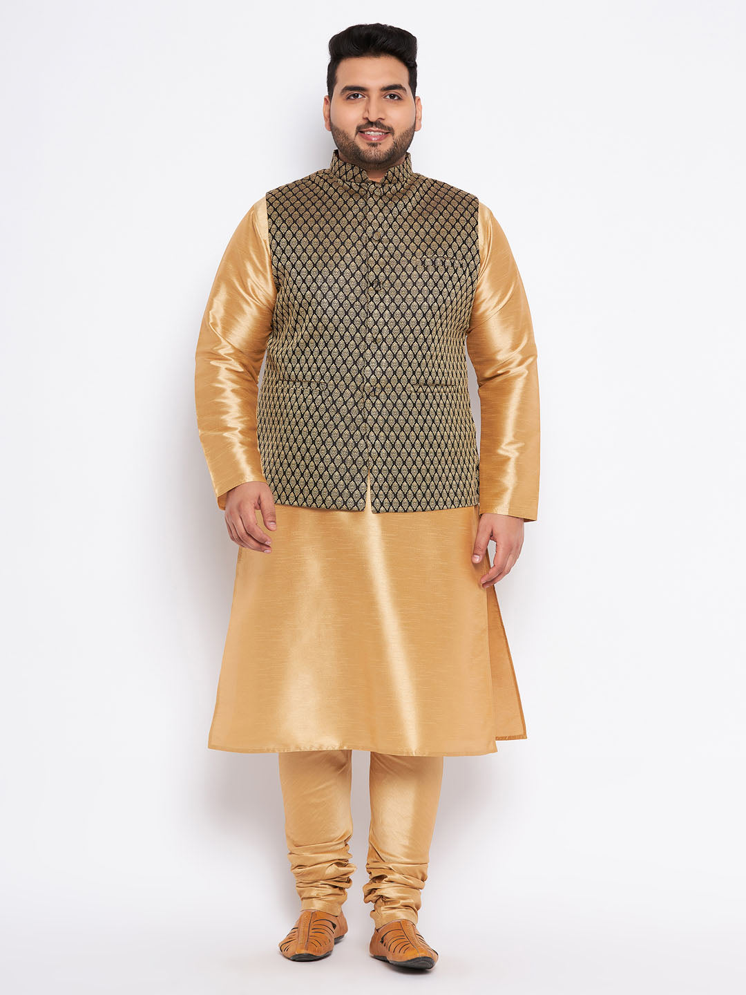 VASTRAMAY Men's Plus Size Black Ethnic Jacket With Rose Gold Silk Blend Kurta Pyjama Set