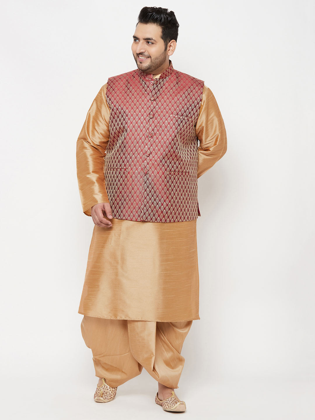 VASTRAMAY PLUS Men's Maroon Nehru Jacket With Rose Gold Kurta And Dhoti Set