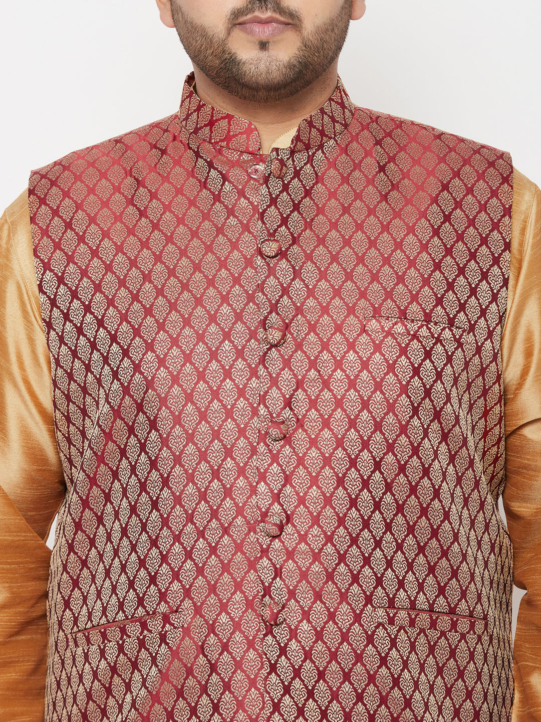 VASTRAMAY PLUS Men's Maroon Nehru Jacket With Rose Gold Kurta And Dhoti Set