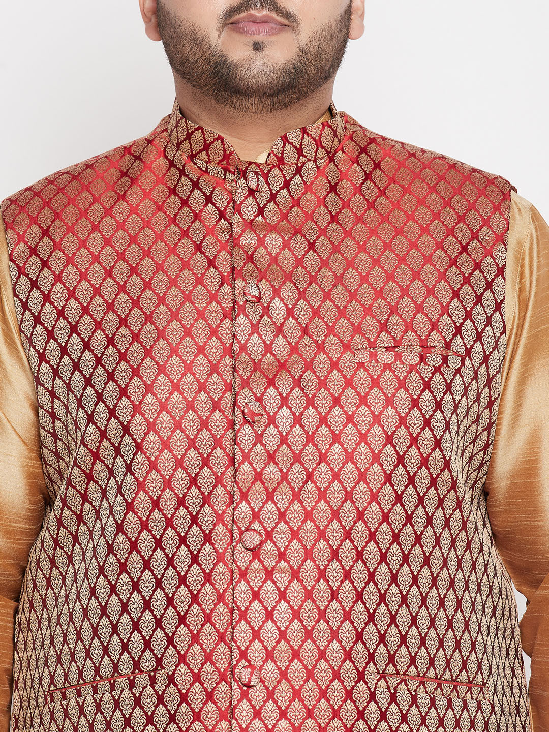 VASTRAMAY PLUS Men's Maroon Nehru Jacket With Rose Gold Kurta And Pyjama Set