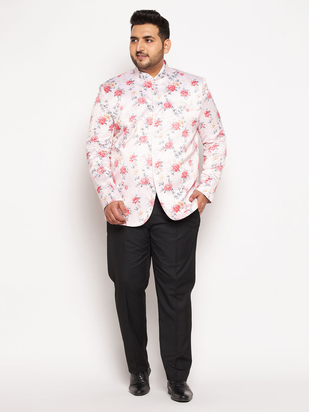 VASTRAMAY Plus Size Men's Peach Silk Blend Jodhpuri with intricate embroidery and traditional Indian design