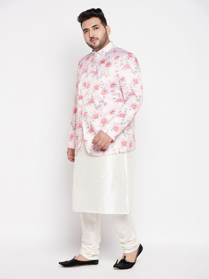 VASTRAMAY Men's Peach Silk Blend Jodhpuri With Cream Kurta Pyjama Set, traditional Indian attire featuring intricately designed jodhpuri jacket and kurta with matching pants, perfect for special occasions