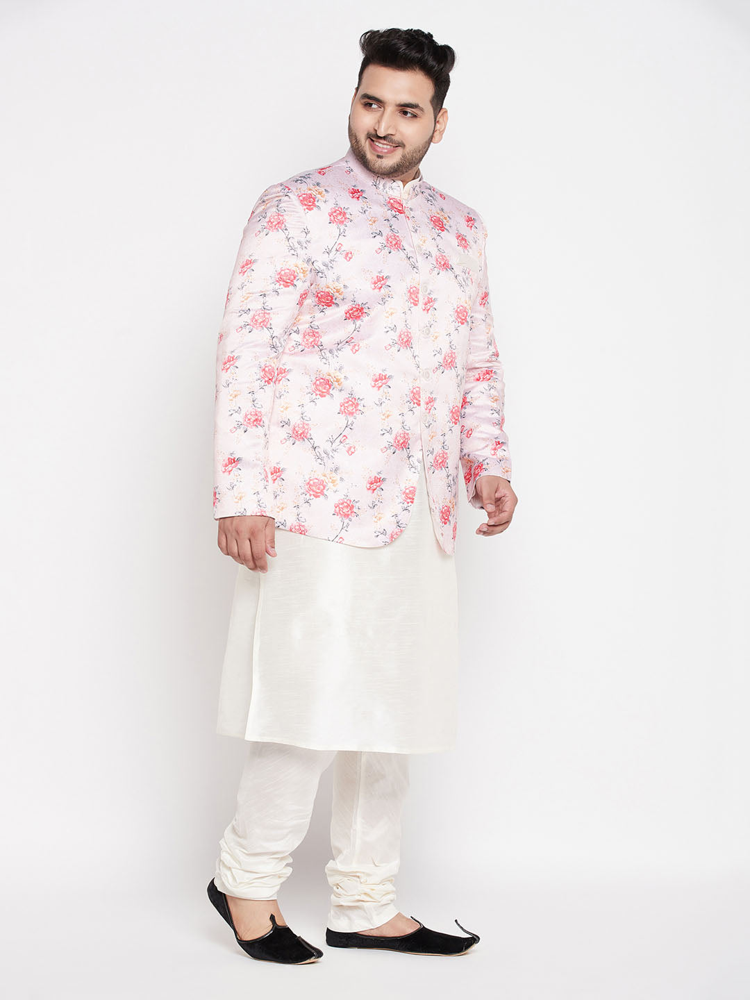 VASTRAMAY Men's Peach Silk Blend Jodhpuri With Cream Kurta Pyjama Set - Traditional Indian ethnic outfit for men in stylish peach and cream colors