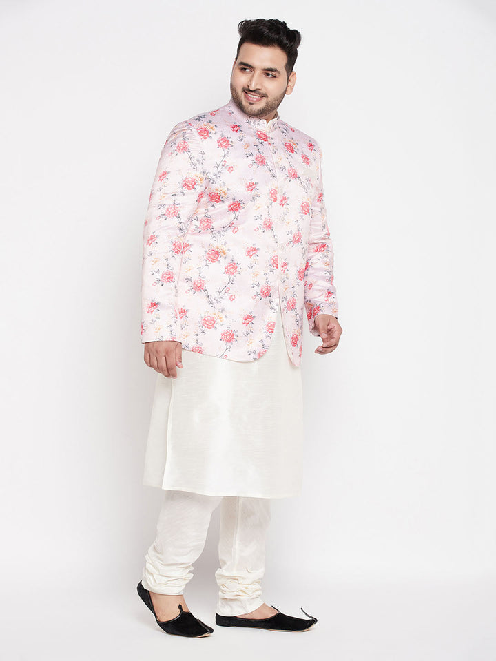 VASTRAMAY Men's Peach Silk Blend Jodhpuri With Cream Kurta Pyjama Set